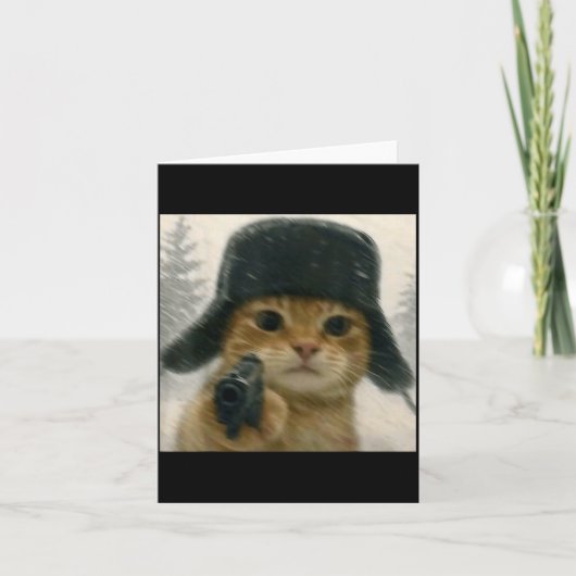 Wacky Cat Wearing Ushanka Hat Russian Meme Cat Hum Kaart (Voorkant)
