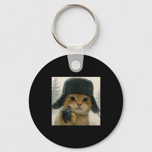 Wacky Cat Wearing Ushanka Hat Russian Meme Cat Hum Sleutelhanger (Voorkant)