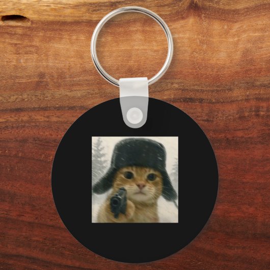 Wacky Cat Wearing Ushanka Hat Russian Meme Cat Hum Sleutelhanger (Voorkant)