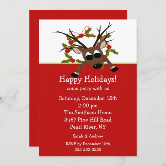 Wacky Reindeer Happy Holiday Party Uitnodiging (Voorkant / Achterkant)