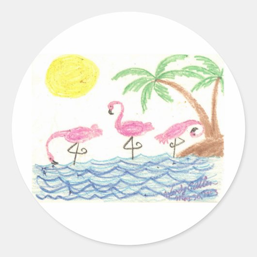 Wadende flamingo's ronde sticker (Voorkant)