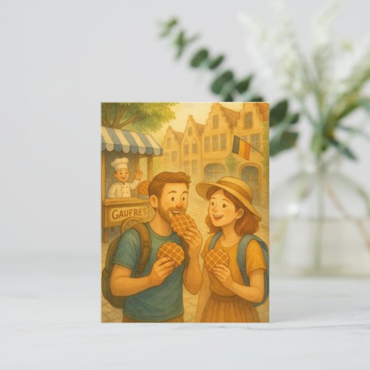 Wafelmoment in België – Geïllustreerde Reispost Briefkaart (Staand voorkant)