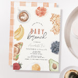 Wafels Koffievruchten Waterverf Baby Brunch Kaart<br><div class="desc">Dit schattige "baby brunch" meisje baby shower uitnodiging heeft een crème achtergrond met brunch voedsel zoals wafels,  koffie,  croissant,  avocado,  sinaasappel,  bananen,  ei,  blauwe bessen,  en aardbei. De achterkant heeft een witte achtergrond met gingham-controlepatroon in sinaasappel. Personaliseer het voor uw behoeften. Je kunt bijpassende producten vinden in mijn winkel.</div>