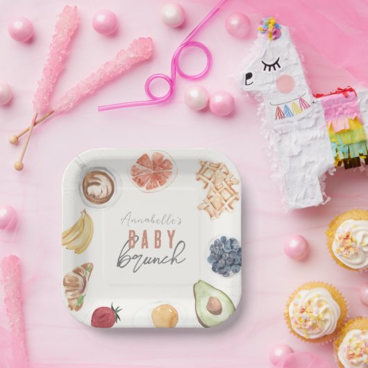 Wafels Koffievruchten Waterverf Baby Brunch Papieren Bordje (Feest)