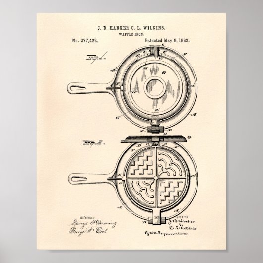 Waffle Iron 1883 Patent Art Old Peper Poster (Voorkant)
