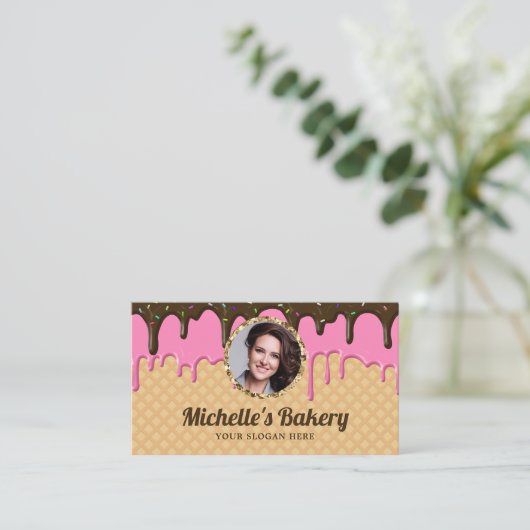Waffle Pink Frosting Drip Pastry Chef Photo Bakery Visitekaartje (Staand voorkant)