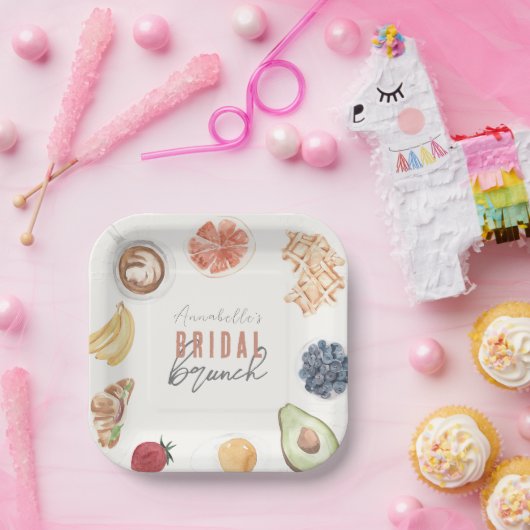Waffles Koffie Fruiten Aquarel Bruids Brunch Papieren Bordje (Feest)
