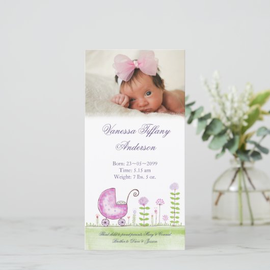 Wagenaankondigingskaartjes voor babymeisjes met fo aankondiging (Staand voorkant)