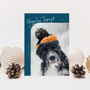 Wagging Door Winter Dog Foto Blauwgroen Kerst Feestdagenkaart