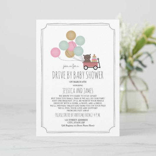 Wagon Beer ballonnen rijden door Baby shower meisj Kaart (Staand voorkant)