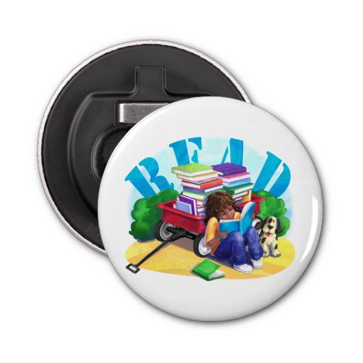 Wagon Kunst voor boek LEZEN Button Flesopener (Voorkant)
