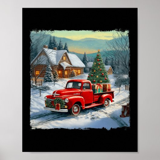 Wagon Rode Vrachtwagen Merry Christmas Tree Snow Poster (Voorkant)
