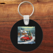  Wagon Rode Vrachtwagen Merry Christmas Tree Snow Sleutelhanger (Voorkant)