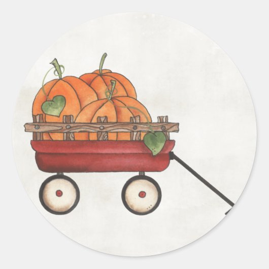 Wagon vol met pompoenen ronde sticker (Voorkant)