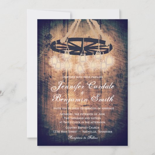 Wagon Wheel Mason Jar Chandelier Wedding Invites Kaart (Voorkant)