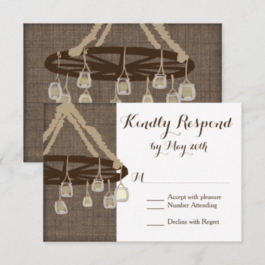 Wagon Wheel Mason Jar Chandelier Wedding RSVP (Voorkant / Achterkant)