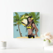 Wahine Pin-up Wall Clock Day Square Vierkante Klok (Huis)