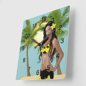 Wahine Pin-up Wall Clock Day Square Vierkante Klok (Hoek)