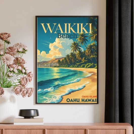 Waikiki Beach, Hawaï - Retro Travel Poster