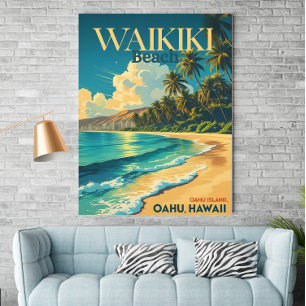  Waikiki Beach, Hawaï - Retro Travel Poster