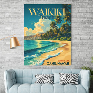  Waikiki Beach, Hawaï - Retro Travel Poster