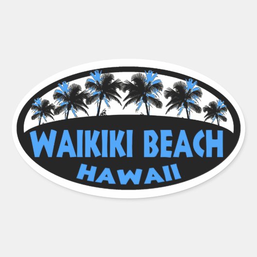 Waikiki Beach Hawaii blauw zwarte palmen ovale sti Sticker (Voorkant)