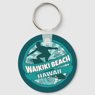 Waikiki Beach Hawaii blauwgroen surfer logo sleute Sleutelhanger