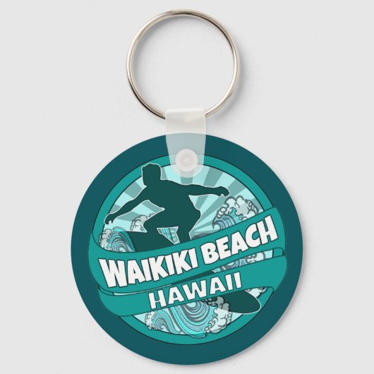 Waikiki Beach Hawaii blauwgroen surfer logo sleute Sleutelhanger (Voorkant)