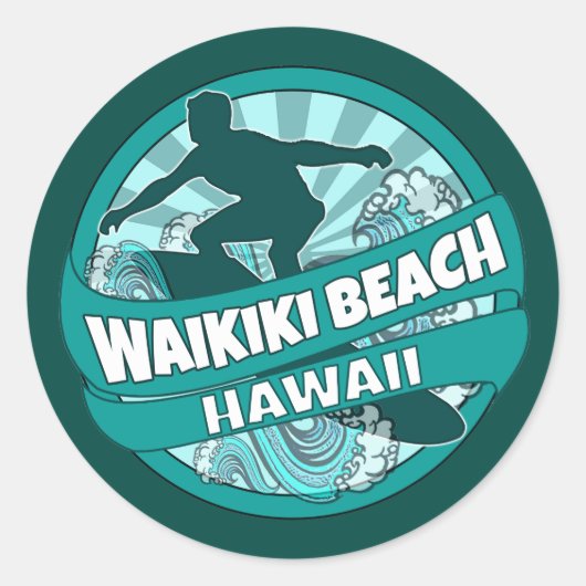 Waikiki Beach Hawaii blauwgroen surfer logo sticke Ronde Sticker (Voorkant)
