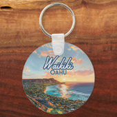 Waikiki Beach Honolulu Oahu Hawaii Retro Sleutelhanger (Voorkant)
