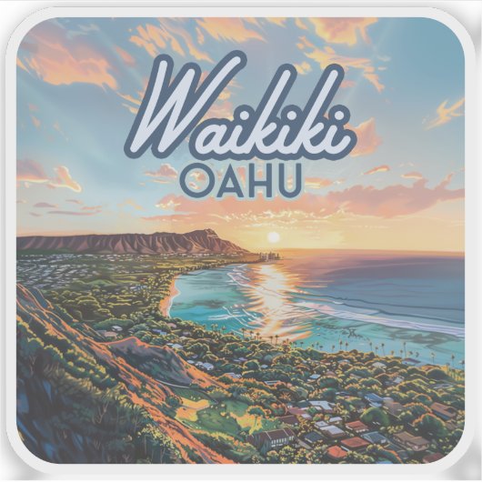 Waikiki Beach Honolulu Oahu Hawaii Retro Sticker (Voorkant)