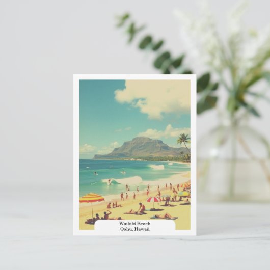 Waikiki Beach, Oahu, Hawaii Reizen Retro Briefkaart (Staand voorkant)