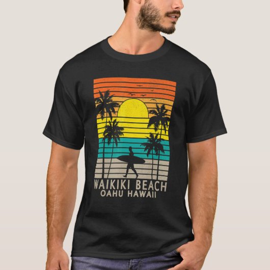 Waikiki Beach Oahu Hawaii Surfer Palm Tree Surfing T-shirt (Voorkant)