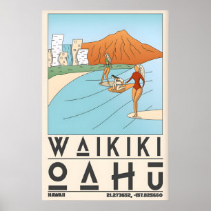 Waikīkī Beach Print Surf en Kustlijn Scene