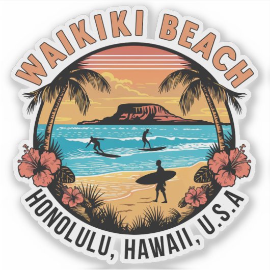 Waikiki Beach Retro Vignette Autosticker Sticker (Voorkant)