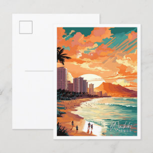 Waikiki Hawaii Art vintage reisillustratie Briefkaart
