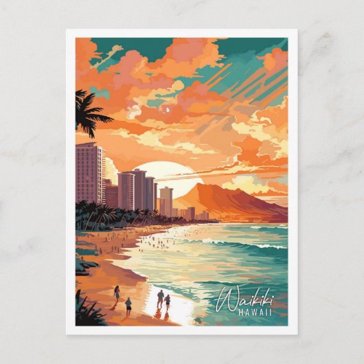 Waikiki Hawaii Art vintage reisillustratie Briefkaart (Voorkant)
