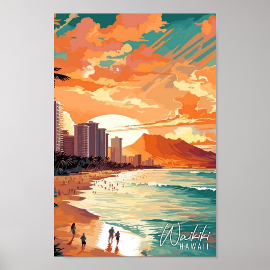 Waikiki Hawaii Art vintage reisillustratie Poster (Voorkant)