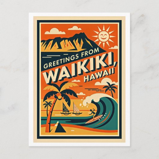 Waikiki Hawaii Retro Reizen Briefkaart (Voorkant)