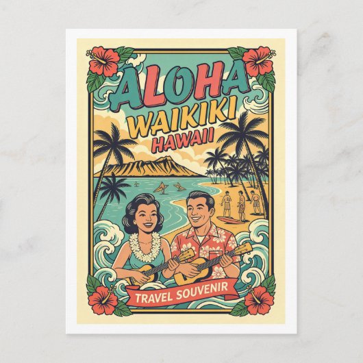 Waikiki Hawaii Retro Reizen Briefkaart (Voorkant)