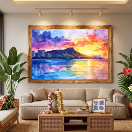 Waikiki Zonsopgang Diamond Head Waterverf Hawaï Canvas Afdruk