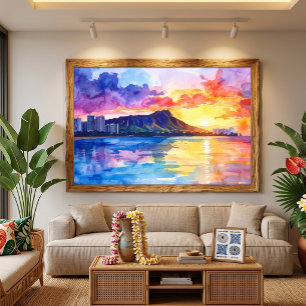 Waikiki Zonsopgang Diamond Head Waterverf Hawaï Canvas Afdruk