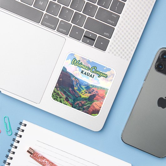 Waimea Canyon Kauai Hawaii Landschap Retro Sticker (Laptop met iPhone)