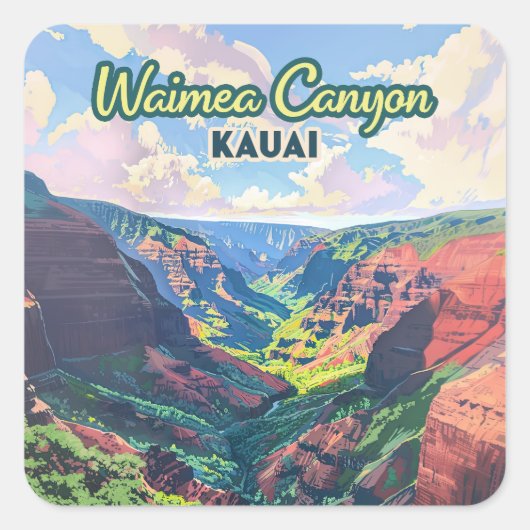 Waimea Canyon Kauai Hawaii Landschap Retro Vierkante Sticker (Voorkant)