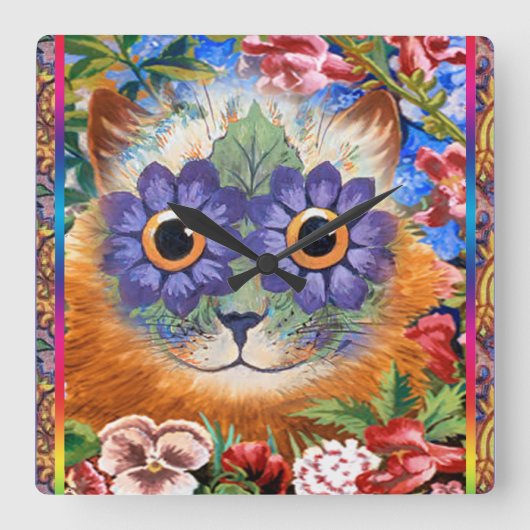 Wain Funky Flower Cat Wall Clock Vierkante Klok (Voorkant)