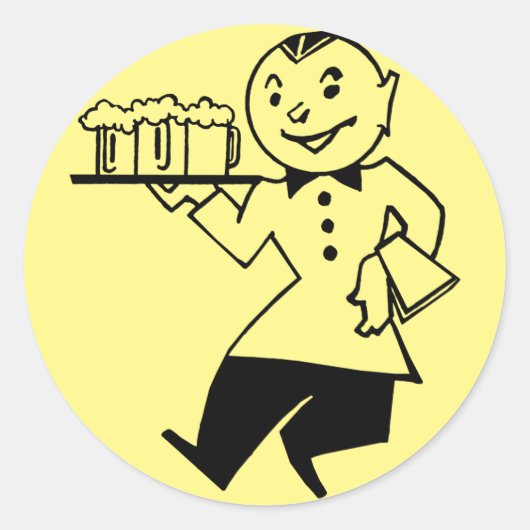 Waiter Serving Beer Retro Cartoon Man Alcohol art Ronde Sticker (Voorkant)
