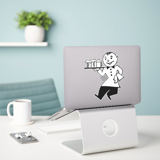Waiter Serving Beer Retro Cartoon Man Alcohol art Sticker (Laptop op bureau)