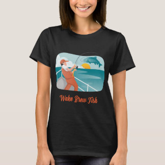 Wake Brew Fish - Retro Bootvissen & Sunrise Lake T-shirt