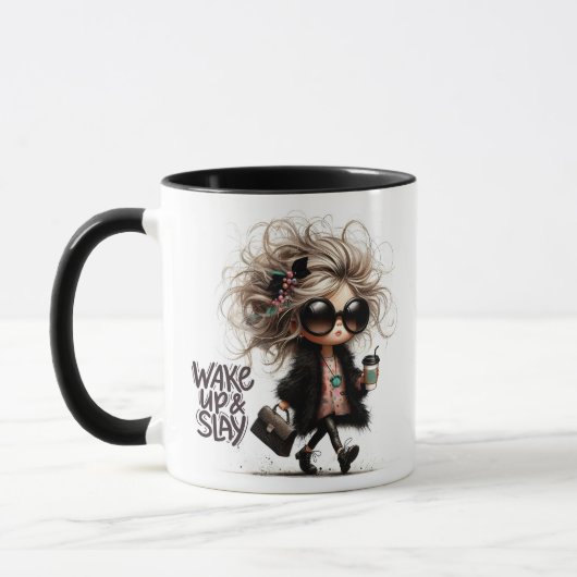 "Wake Up & Slay" Quirky Big Haired Latte Girl Mok (Links)