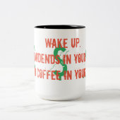 Wakeup aan dividenden in de bank en koffie in je k tweekleurige koffiemok (Center)